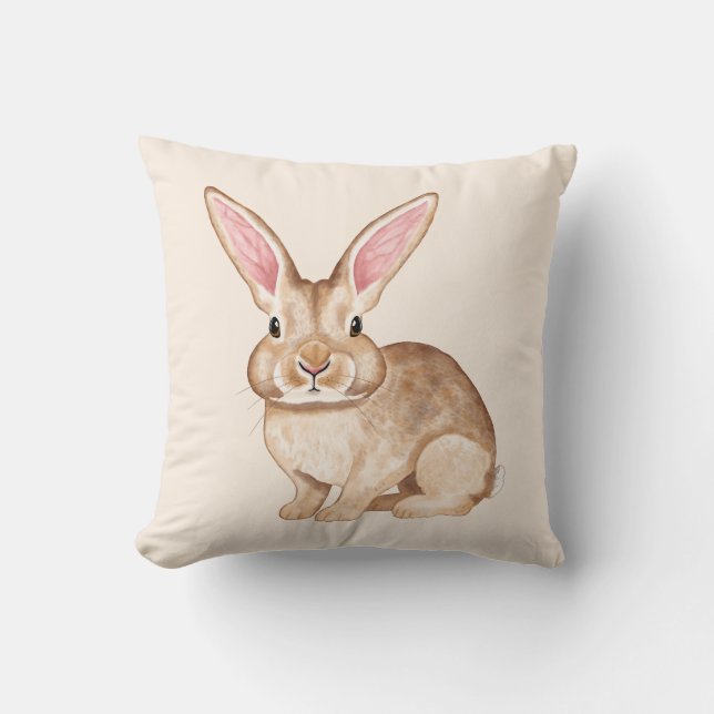 Coussin Lapin à l'aquarelle marron avec de grandes oreille (Recto)