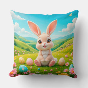Coussin Lapin adorable dans une prairie printanière coloré