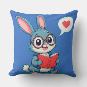 Coussin Lapin adorable portant des lunettes lisant un livr