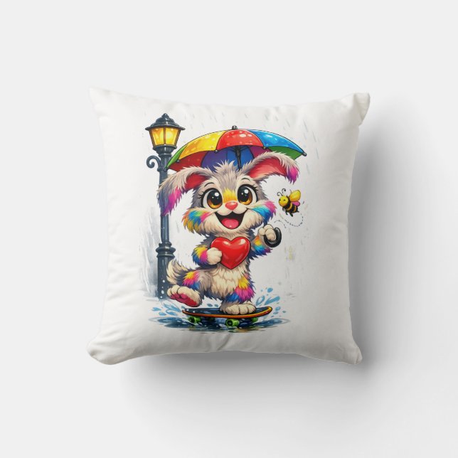 Coussin Lapin arc-en-ciel mignon avec parapluie (Recto)