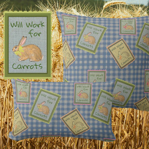 Coussin Lapin aux carottes à carreaux bleus vintage countr