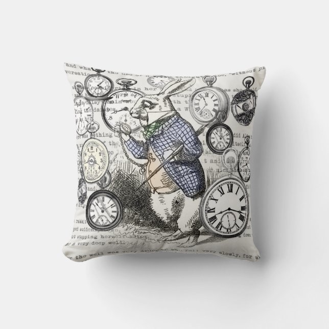 Coussin Lapin Blanc Alice Wonderland Horloges Art (Recto)