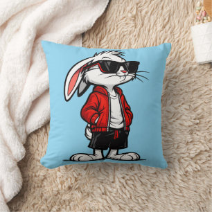 Coussin Lapin Blanc Cool en Veste Rouge