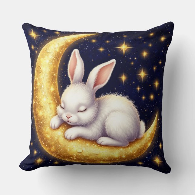 Coussin Lapin Blanc Endormi Sur un Croissant de Lune Doré (Recto)