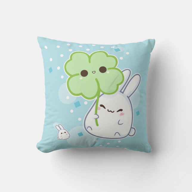 Coussin Lapin blanc mignon avec le trèfle de kawaii (Recto)