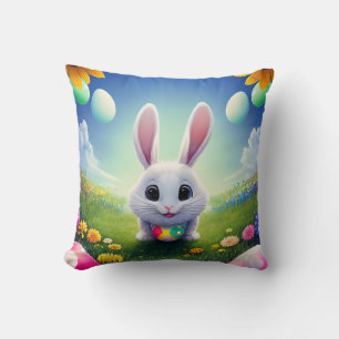 Coussin Lapin Blanc Mignon avec Œufs de Pâques