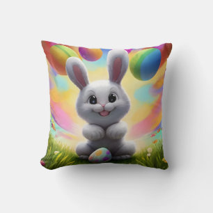 Coussin Lapin Blanc Mignon avec Œufs de Pâques