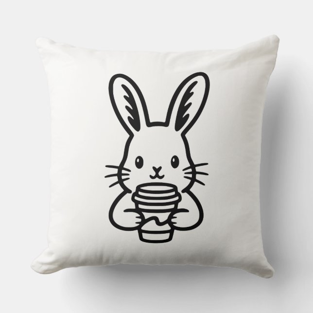 Coussin Lapin curieux avec tasse à café (Recto)