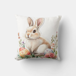 Coussin Lapin d'aquarelle avec des oeufs de fleurs et de P