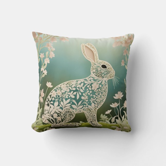 Coussin Lapin d'art de printemps à fleurs blanches  (Recto)