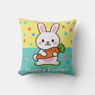 Coussin Lapin de caricature tenant des pois de carottes