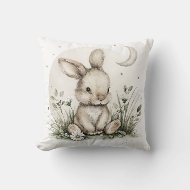 Coussin Lapin de compagnie aquarelle mignon avec Lune et É (Recto)