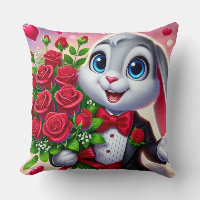 Coussin Lapin de dessin animé charmant tenant des roses (Recto)