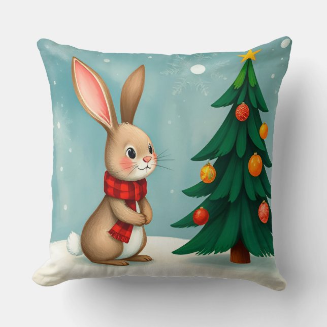 Coussin Lapin de fête à côté d'un arbre de Noël décoré (Recto)