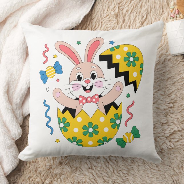 Coussin Lapin de fête de Pâques joyeux sortant d'un œuf  (Couverture)