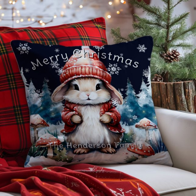 Coussin Lapin de Noël fantastique Personnalisé (Whimsical Christmas Bunny Personalized Throw Pillow)