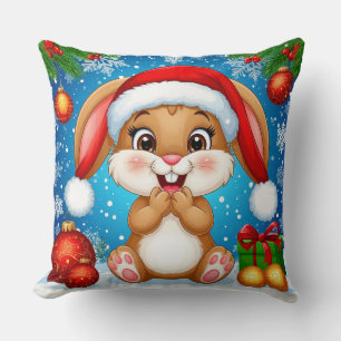Coussin Lapin de Noël mignon portant un chapeau de Père No