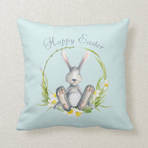 Coussin Lapin de Pâques à l'aquarelle dans une couronne fl