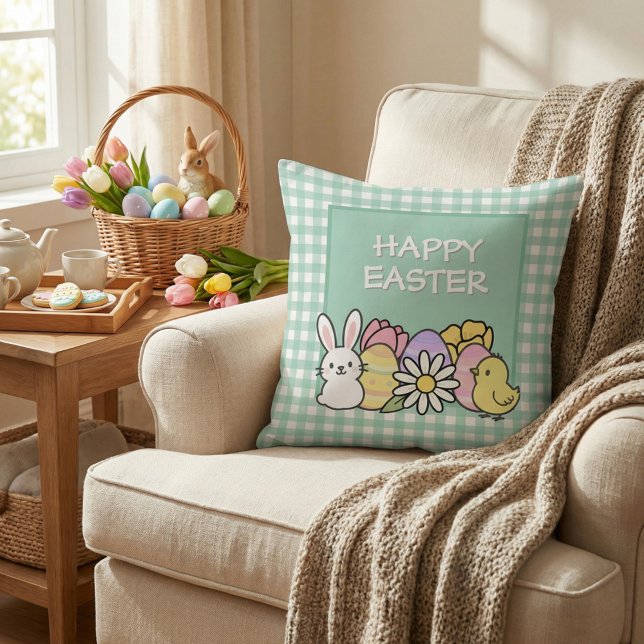 Coussin Lapin de Pâques Chick Œufs Gingham Vert Joyeux (Créateur téléchargé)