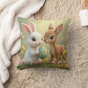 Coussin Lapin de Pâques et faon dans les fleurs sauvages