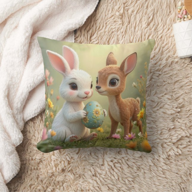 Coussin Lapin de Pâques et faon dans les fleurs sauvages (Couverture)