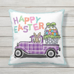 Coussin Lapin de Pâques heureux de guingan pourpre vintage