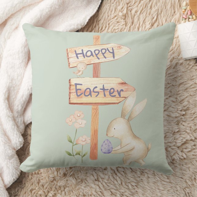 Coussin Lapin de Pâques heureux et œuf sur fond vert (Couverture)