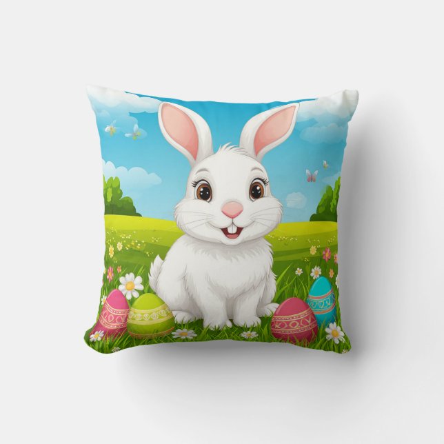 Coussin Lapin de Pâques joyeux dans la prairie avec des oe (Recto)