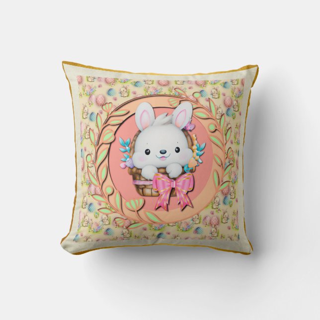Coussin Lapin de Pâques mignon assis dans le panier (Recto)