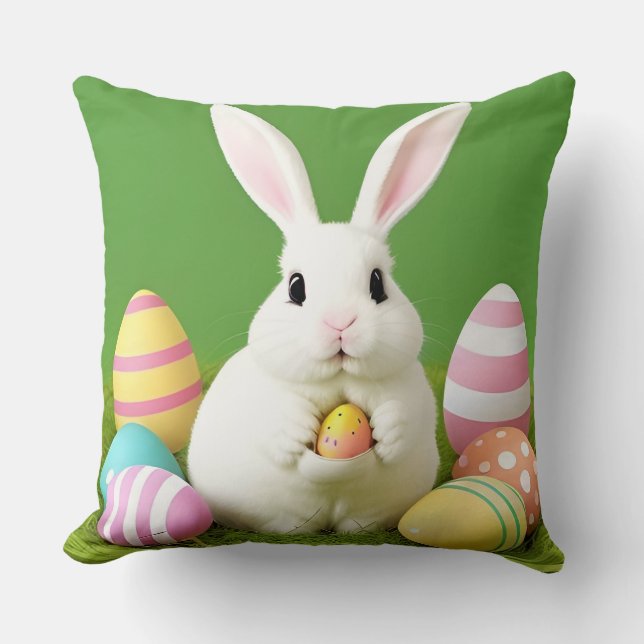Coussin Lapin de Pâques mignon avec des œufs décoratifs (Recto)