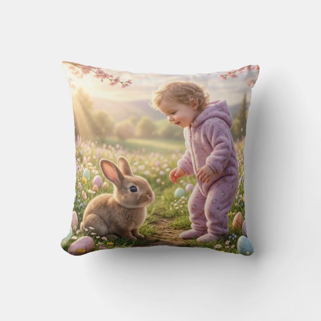 Coussin Lapin de Pâques mignon et enfant (Recto)