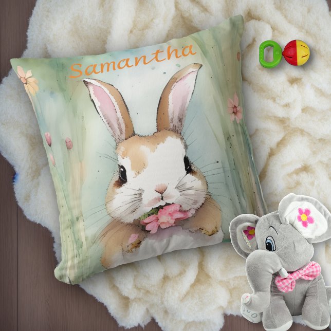 Coussin Lapin de Pâques mignon Pastel Aquarelle Fleurs de  (Créateur téléchargé)