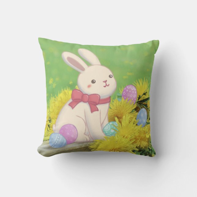 Coussin Lapin de Pâques, Oeufs de Pâques & Fleurs Illustra (Recto)