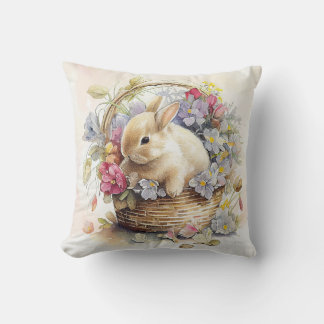 Coussin Lapin de Pâques vintage en panier avec fleurs