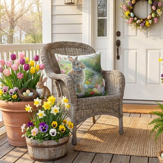 Coussin Lapin de vacances de Pâques Nature  (spring season porch or patio outdoor pillow. )