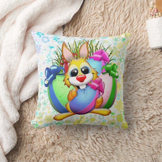 Coussin Lapin drôle mordant un œuf de Pâques (Couverture)