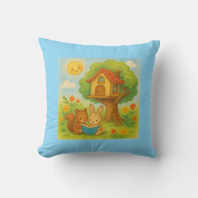 Coussin Lapin et écureuil Lecture par Treehouse - Cute Pas (Recto)