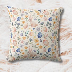 Coussin Lapin Fleurs Œufs Pastel Aquarelle Intemporel