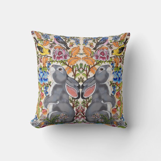 Coussin Lapin Gris Whimsical Lapin Oiseau Floral Jacobean (Recto)