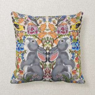 Coussin Lapin Gris Whimsical Lapin Oiseau Floral Jacobean