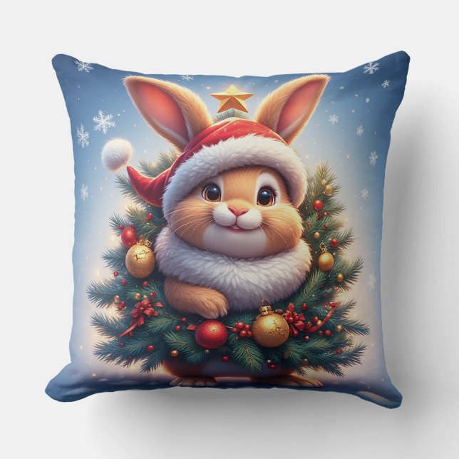 Coussin Lapin heureux avec un chapeau de Père Noël  (Recto)
