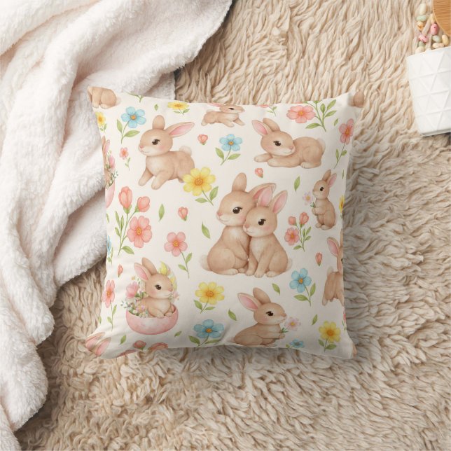 Coussin Lapin mignon à l'aquarelle et motif de fleurs prin (Couverture)
