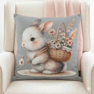 Coussin Lapin Mignon avec Fleurs Art Aquarelle