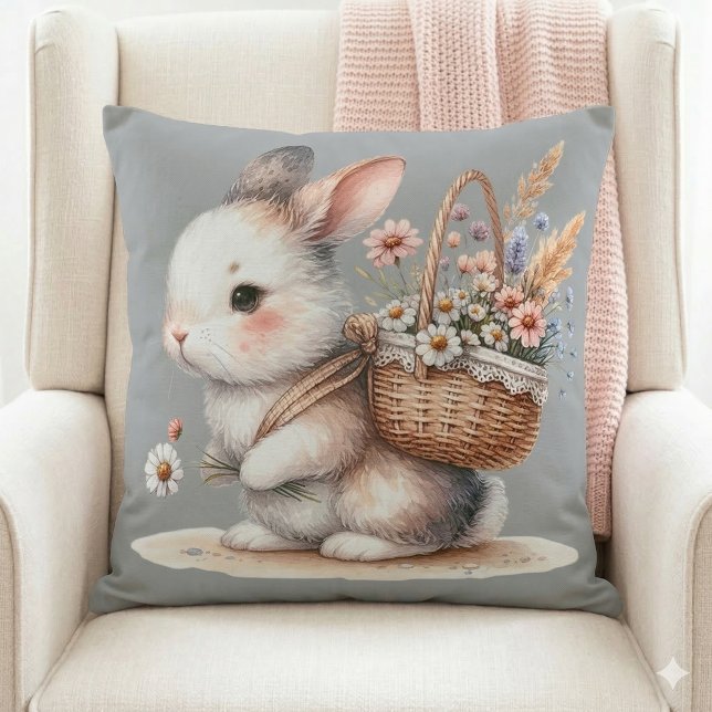 Coussin Lapin Mignon avec Fleurs Art Aquarelle (Cute Bunny with Flowers Watercolor Art Throw Pillow Mockup A)
