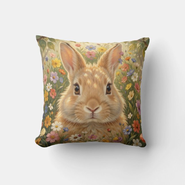 Coussin Lapin mignon dans une prairie de fleurs vibrantes (Recto)