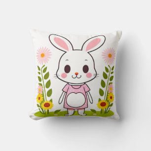 Coussin Lapin mignon en robe entouré de fleurs