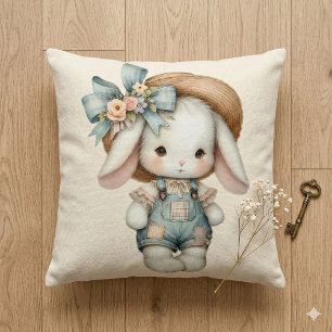 Coussin Lapin Mignon en Salopette avec Chapeau de Paille &