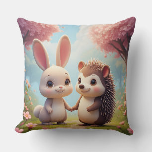 Coussin Lapin mignon et hérisson se tenant la main