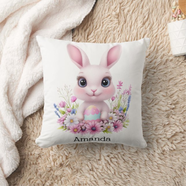 Coussin Lapin Mignon Fleurs Roses avec Oeuf de Pâques (Couverture)