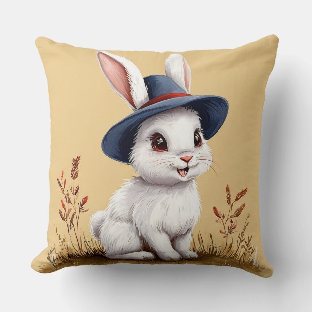 Coussin Lapin mignon portant un chapeau (Recto)